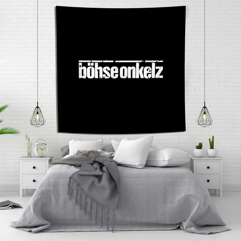 Black wall tapestry flag featuring white distressed bohse onkelzs text in bold font for german rock bedroom decor