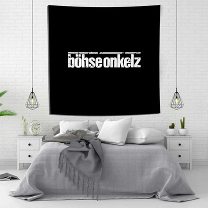 Black wall tapestry flag with white distressed bohse onkelzs text in bold blocky font for german rock decor
