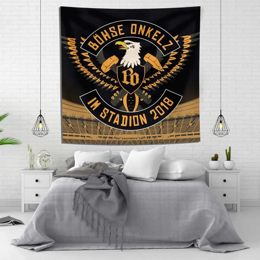 Black and gold tapestry flag featuring bohse onkelzs eagle emblem german rock design for stadium and bedroom decor