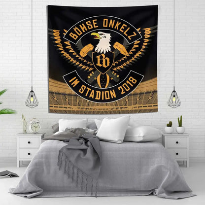 Black and gold tapestry flag featuring bohse onkelzs eagle emblem german rock design for stadium and bedroom decor