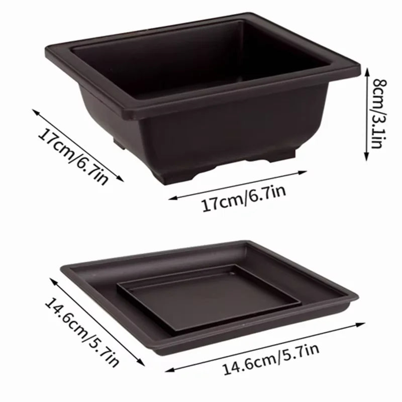 Black rectangular bonsai plant pot with matching tray made of durable plastic para plantas outdoor garden use