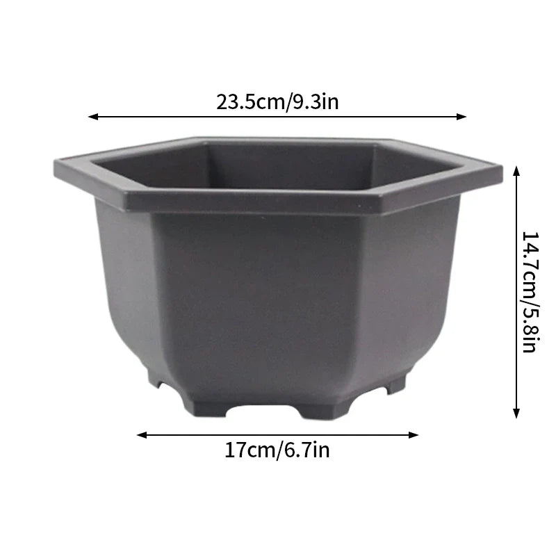 Dark gray hexagonal plastic plant pot with rounded edges and tapered design for succulents and para plantas outdoors