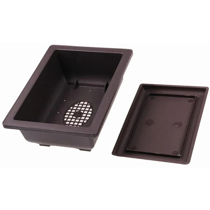 Dark brown rectangular plastic bonsai plant pot with matching tray and circular grid vent for outdoor garden use