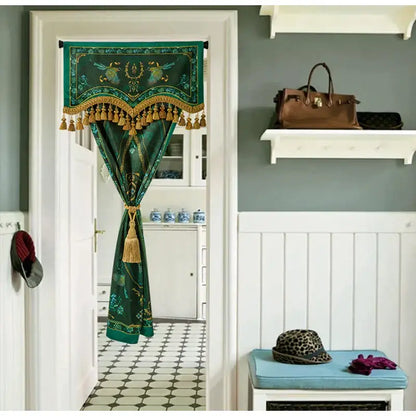 Emerald green botanic garden velvet blackout door curtain with gold tassels and ornate bird motifs by decorbites