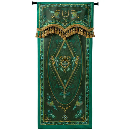 Elegant emerald green botanic garden velvet blackout curtains with gold-embroidered birds and tassel fringe valance