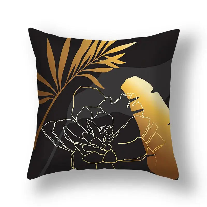 Black throw pillow cushion cover with botanical big leaves gold leaf and white line art for living room decor