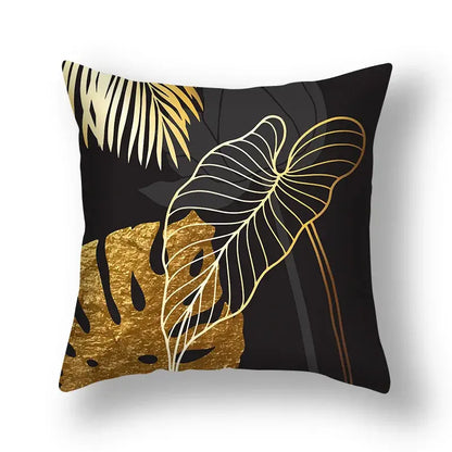 Black cushion cover with metallic gold and white foil big leaves design for living room decorative pillows