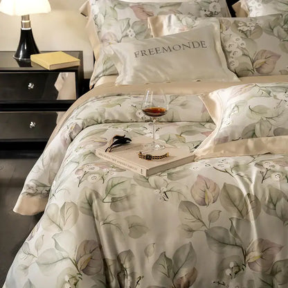 Elegant cream-colored satin egyptian cotton print bedding set with botanical leaf and flower patterns in soft tones