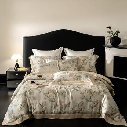 Elegant cream egyptian cotton print bedding set with botanical leaf pattern and premonde branding on pillowcase