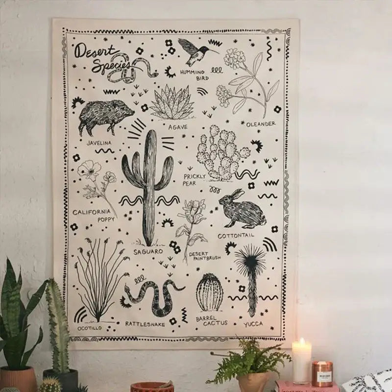 Botanical floral wall hanging with black ink desert species illustrations on beige fabric for living room decor