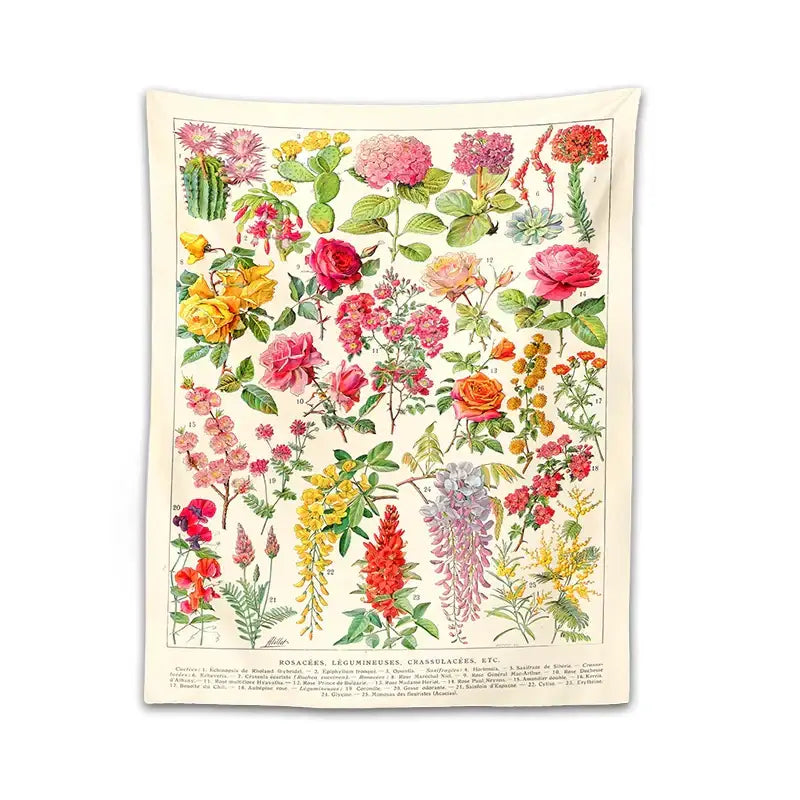 Beige botanical floral tapestry wall hanging with vintage colorful flowers on off-white background for bedroom decorbites decorbites botanical floral