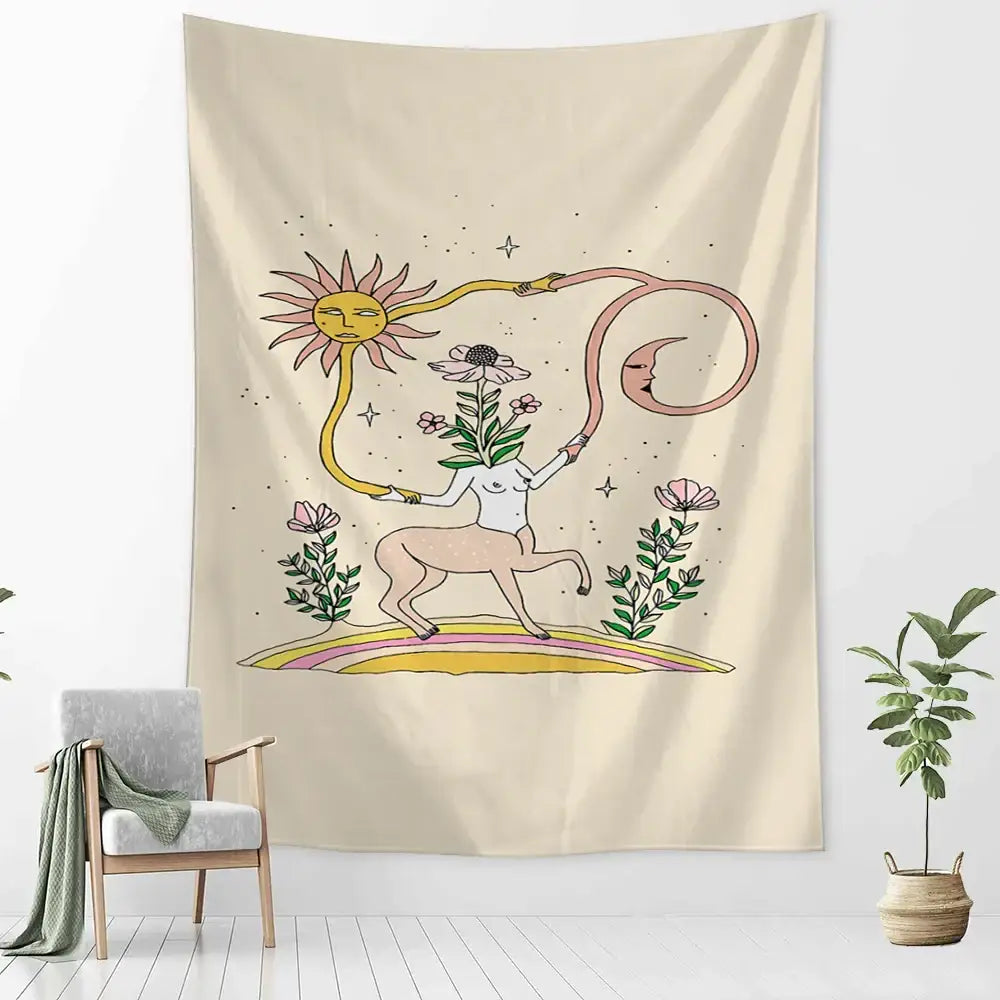 Beige decorbites botanical girl tapestry with whimsical floral hair figure holding sun and moon in pink and yellow tones