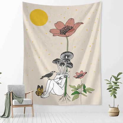 Beige wall tapestry featuring whimsical botanical girl tarot illustration with mushrooms flowers birds under a yellow sun decorbites