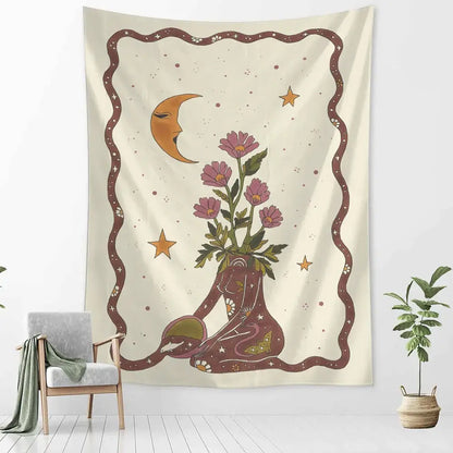 A cream beige botanical girl tarot tapestry with crescent moon and floral decorbites girl tarot astrology wall decor