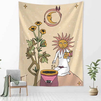 Beige decorbites botanical girl tarot astrology tapestry with sun deity moon flowers and eye in pot for bedroom wall decor