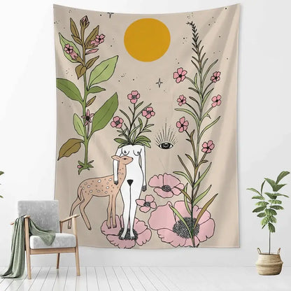 Beige botanical girl tarot tapestry featuring a stylized woman with flowers, deer, and sun for astrology decorbites decor