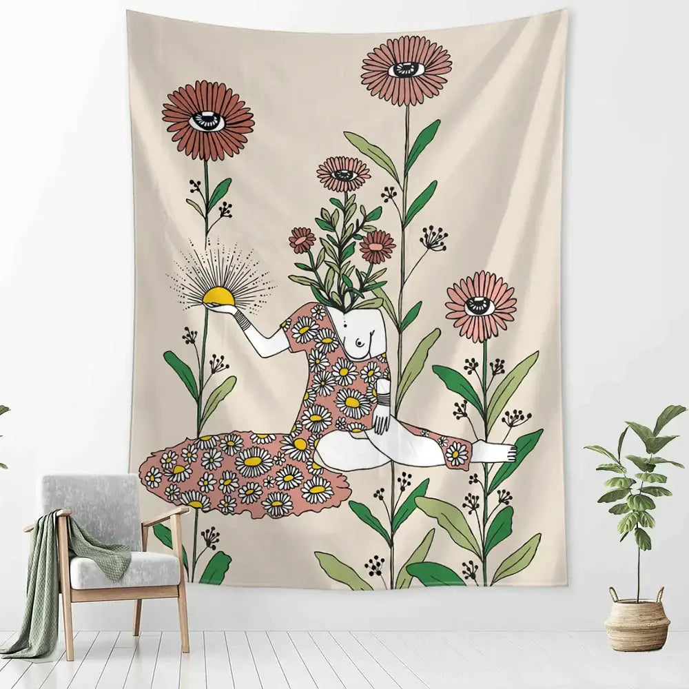 Beige wall tapestry decorbites botanical girl tarot features a whimsical floral girl with oversized pink and green flowers