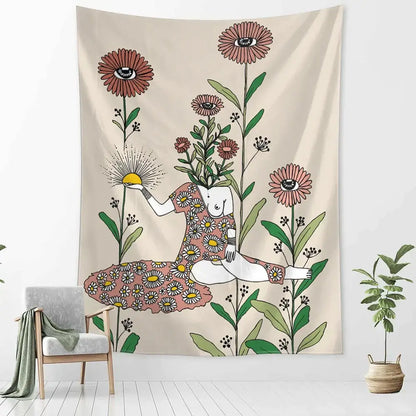 Beige wall tapestry decorbites botanical girl tarot features a whimsical floral girl with oversized pink and green flowers