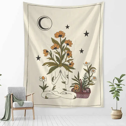 Cream-colored decorbites botanical girl tarot tapestry with meditating figure, flowers, stars, and crescent moon wall decor