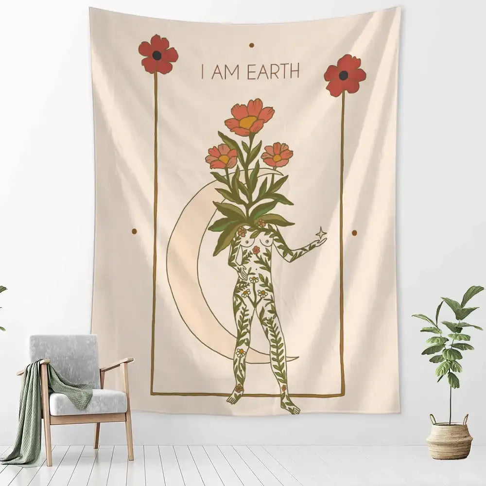 Beige botanical girl tarot tapestry with stylized figure floral patterns and i am earth text for girl tarot astrology decorbites