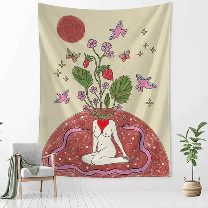 Beige wall tapestry decorbites botanical girl tarot featuring a nude figure with strawberries and pink birds on red backdrop