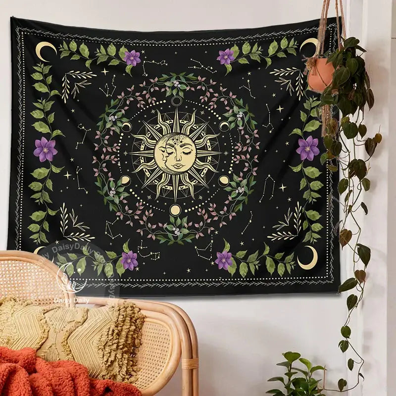 Black floral tapestry featuring a golden sun with closed eyes, purple flowers, and celestial constellations by decorbites botanical moon phase