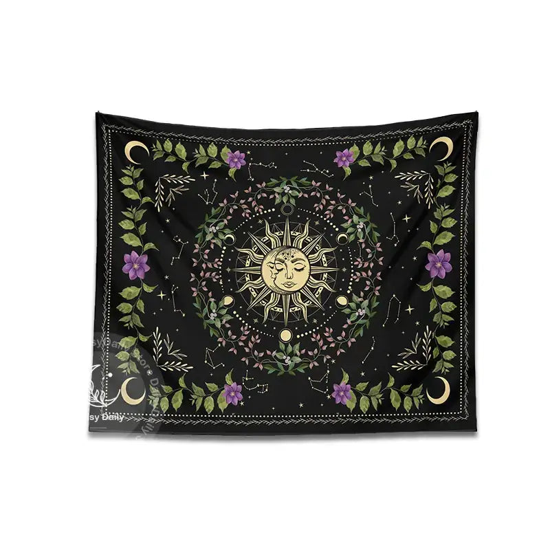 Black floral tapestry featuring botanical moon phase with golden sun moon faces and purple flowers for bedroom decorbites botanical moon decor