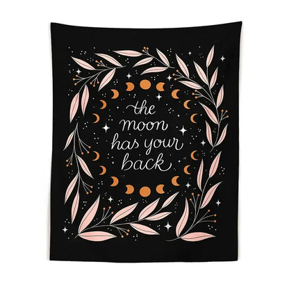 Black wall tapestry with botanical olive leaf moon design in pink leaves and orange moon phases for bedroom decorbites botanical olive decor