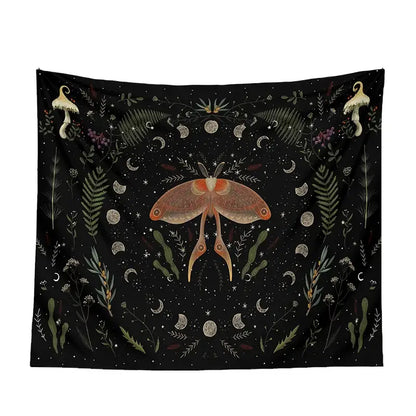 Black botanical witchy tapestry with orange moth, green ferns, purple flowers, and silver moons for bedroom decor