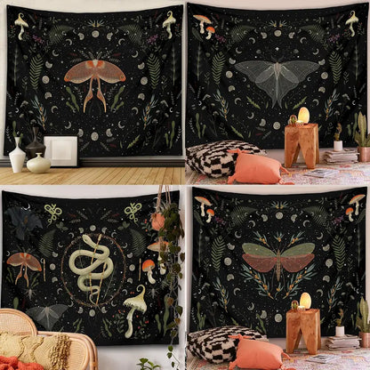 Black botanical witchy tapestry featuring rust and cream moths mushrooms and ferns for bedroom wall decor