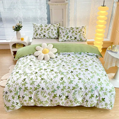 White and green leafy patterned botanical yellow and white floral duvet cover set with soft fabric pillow sham