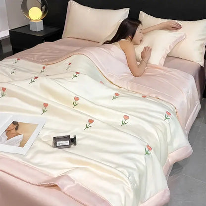 A cream and pink decorbites bowknot embroidered summer bedding set with satin-like quilt and delicate tulip embroidery