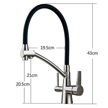 Modern brass and black dual spout kitchen faucet with dual handles and sleek stainless steel flexible hose by decorbites