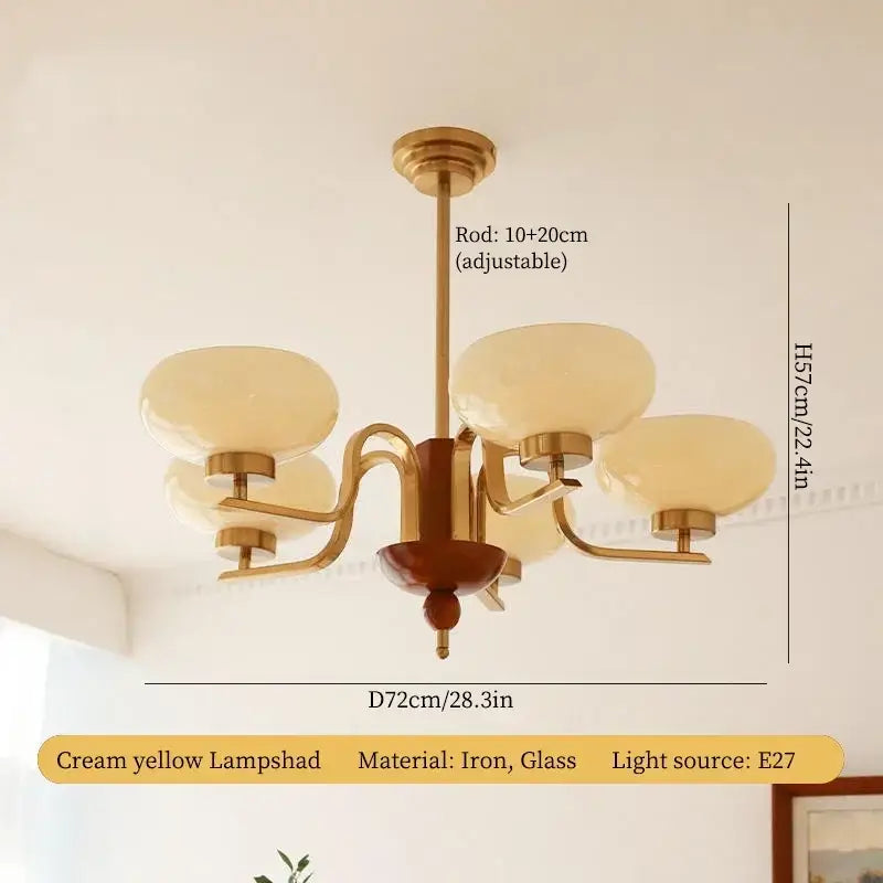 Vintage brass and wood glass pendant chandelier with cream glass lampshades for dining room decorbites cream glass