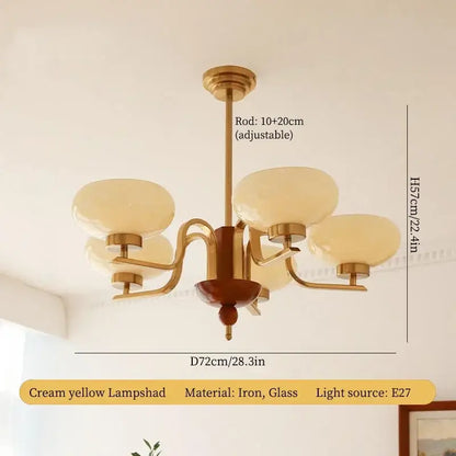 Vintage brass and wood glass pendant chandelier with cream glass lampshades for dining room decorbites cream glass
