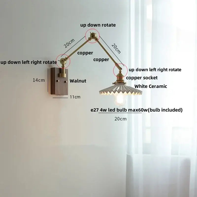 Adjustable copper-arm wall light with white ceramic shade from decorbites ceramic led collection for bedroom sconce decor