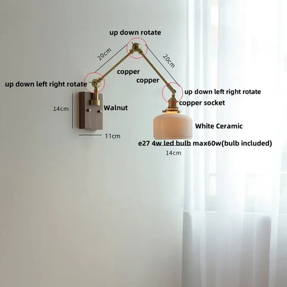Adjustable copper-arm wall light with white ceramic lampshade decorbites ceramic led wall for bedroom sconce decor