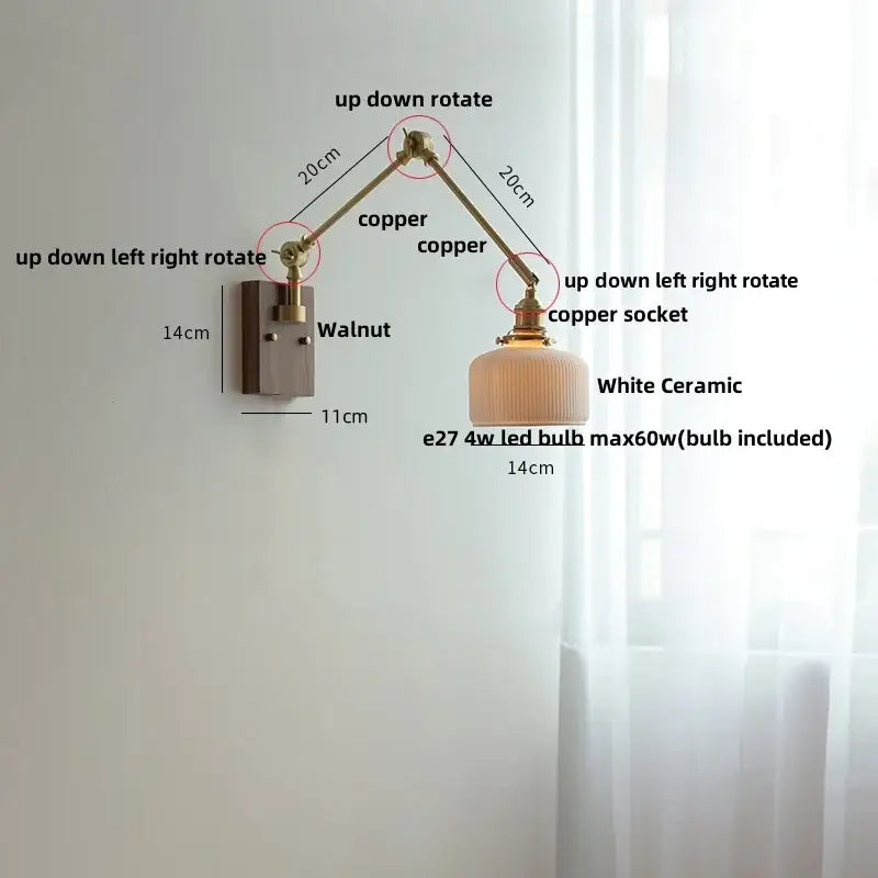 Adjustable copper-arm wall light with white ceramic lampshade decorbites ceramic led wall for bedroom sconce decor