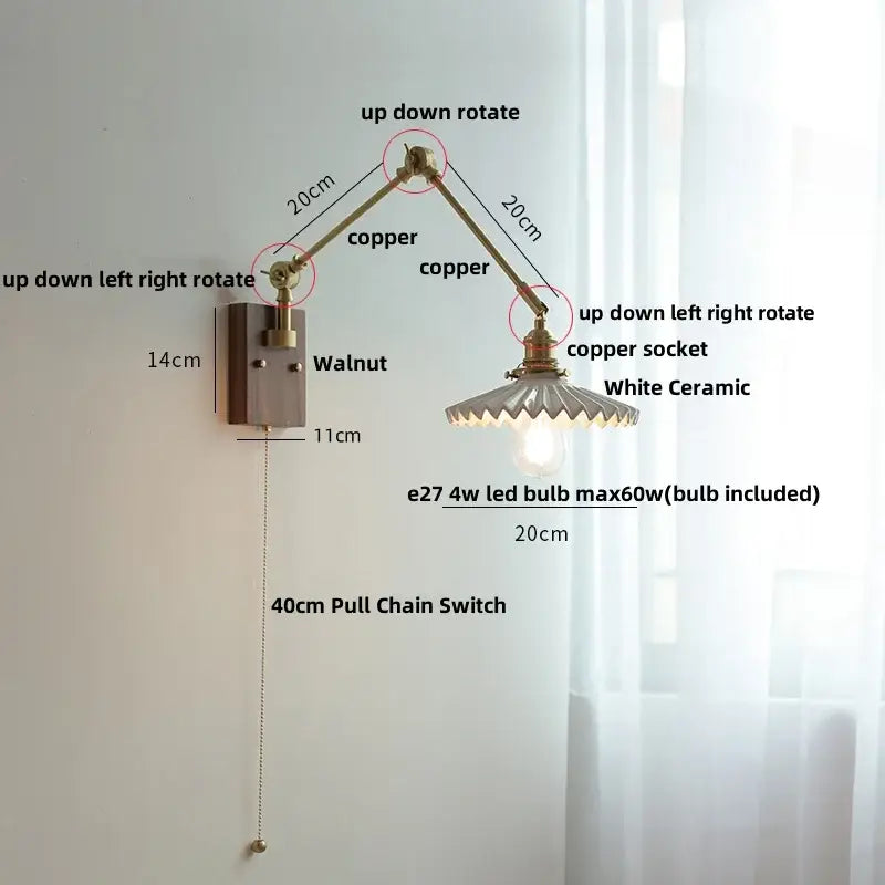 Adjustable copper-arm wall light with white ceramic shade and walnut mounting plate for decorbites ceramic led wall use