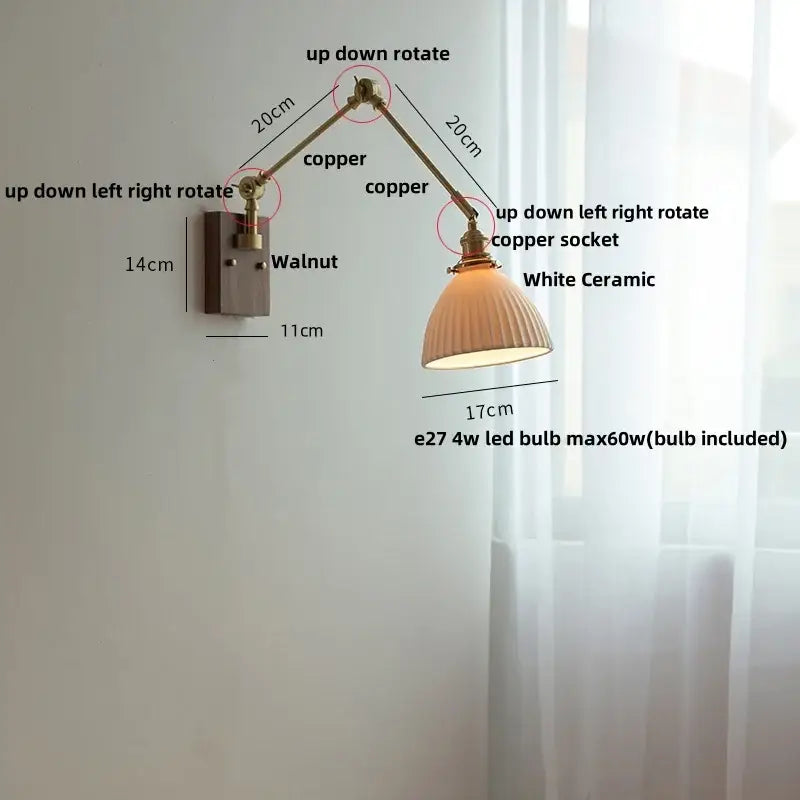 Adjustable copper wall light with white ceramic lampshade brass and ribbed glass decorbites ceramic led wall sconce