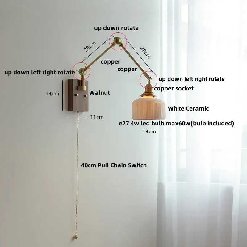 Adjustable copper wall light with white ceramic lampshade and 40cm pull chain switch for decorbites ceramic led wall use
