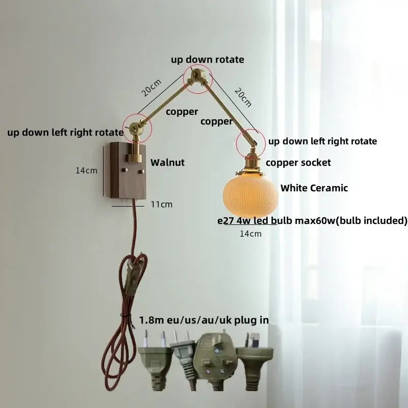 Adjustable copper wall light with white ceramic globe for brass and ribbed glass decorbites ceramic led wall sconce