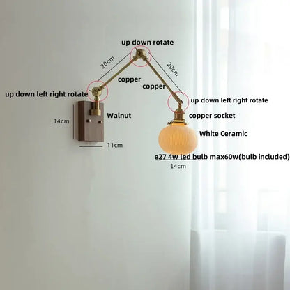 Adjustable copper-arm wall light with white ceramic globe shade and brass ribbed glass for bedroom decorbites ceramic led wall use