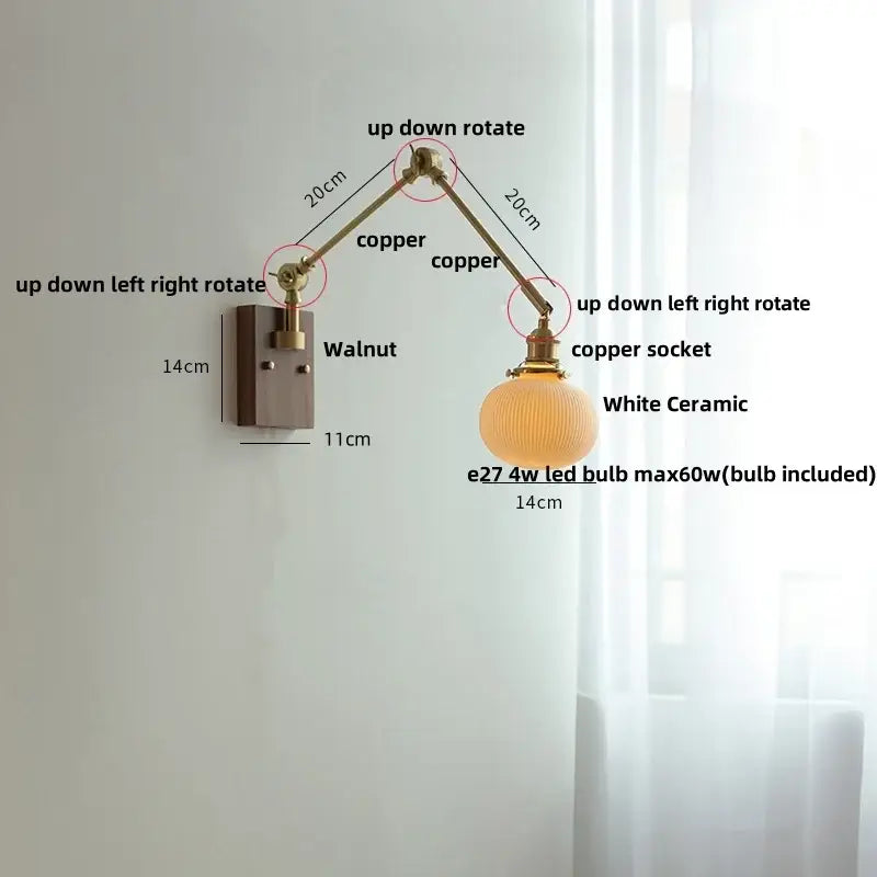 Adjustable copper-arm wall light with white ceramic globe shade and brass ribbed glass for bedroom decorbites ceramic led wall use
