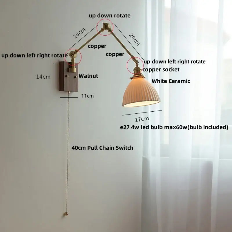 Adjustable copper wall light with white ceramic lampshade for bedroom decorbites ceramic led wall lighting