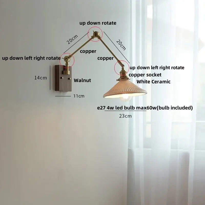 Adjustable copper wall light with white ceramic shade for bedroom decorbites ceramic led wall lighting