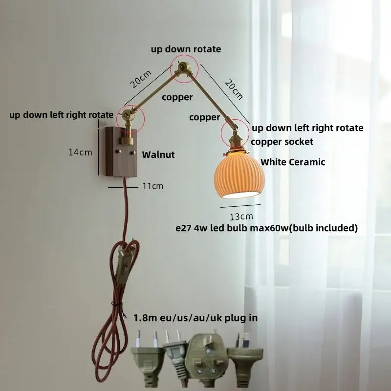 Adjustable copper wall light with white ceramic led shade and ribbed glass for bedroom decorbites ceramic led wall use