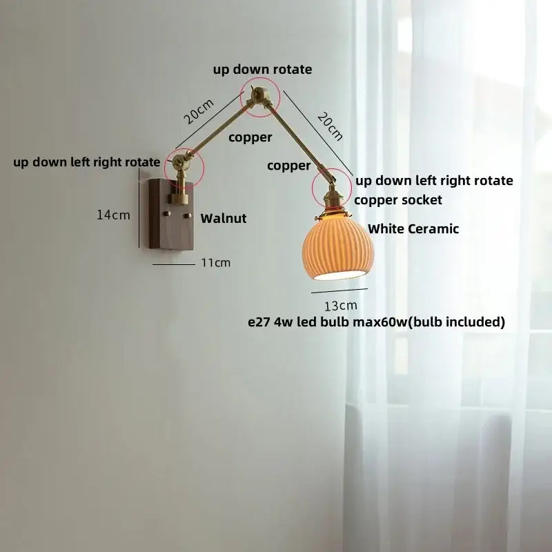 Adjustable copper wall light with white ceramic lampshade decorbites ceramic led wall light for bedroom decor