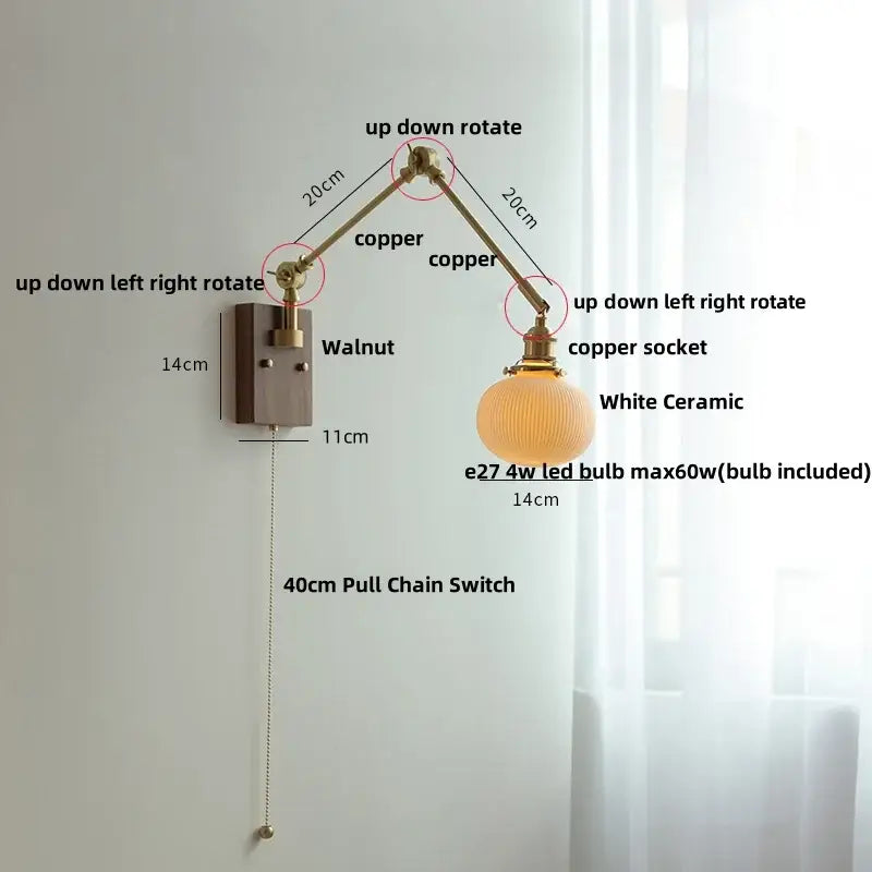 Adjustable copper wall light with white ceramic globe and walnut-finished plate for decorbites ceramic led wall lighting