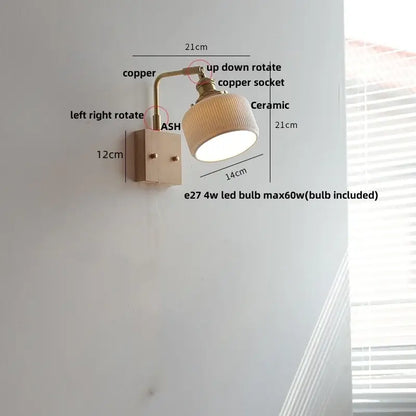 Brass and walnut ceramic led wall light with copper-finished adjustable sconce and ribbed ceramic led wall shade by decorbites